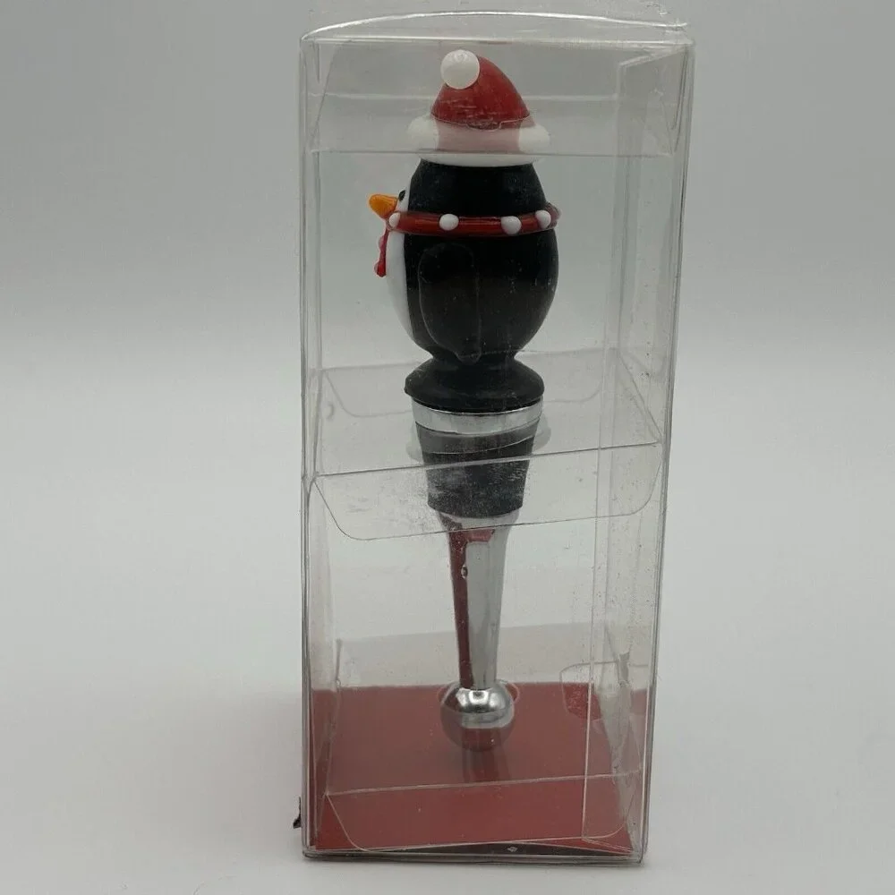 Pier 1 Imports Art Glass Penguin Wine Bottle Stopper Christmas Holiday Santa Hat